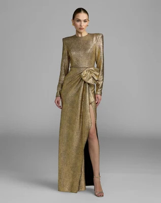 Gold Metallic Long Sleeve Structured Bow Draped Gown | Mac Duggal