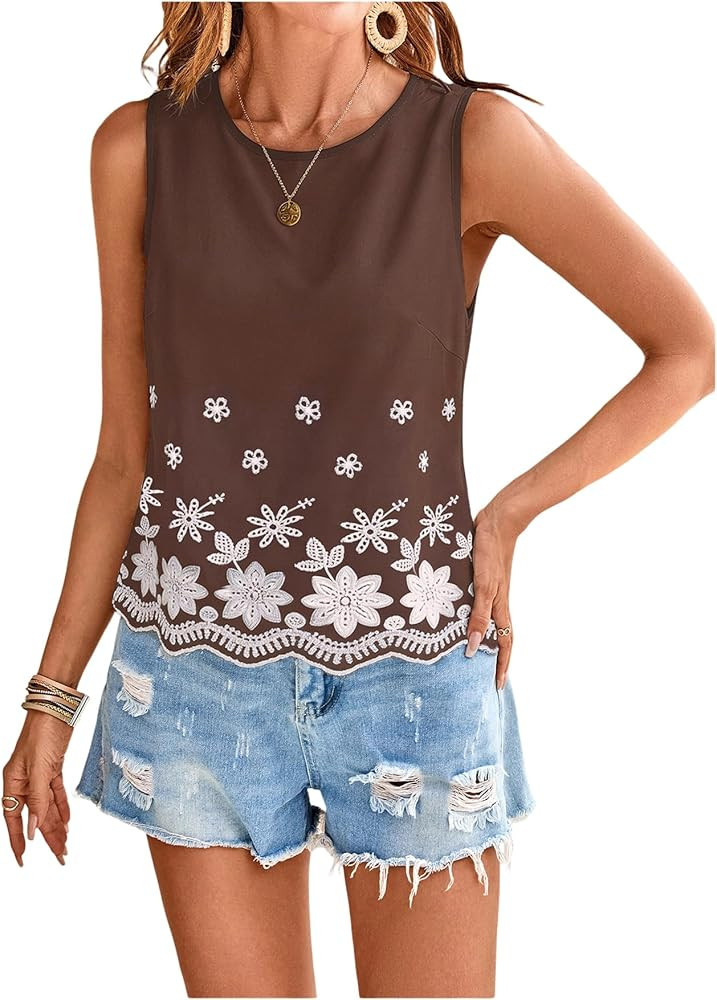 SweatyRocks Women's Eyelet Tops Sleeveless Boho Floral Embroidery Casual Summer Vacation Tank Top | Amazon (US)