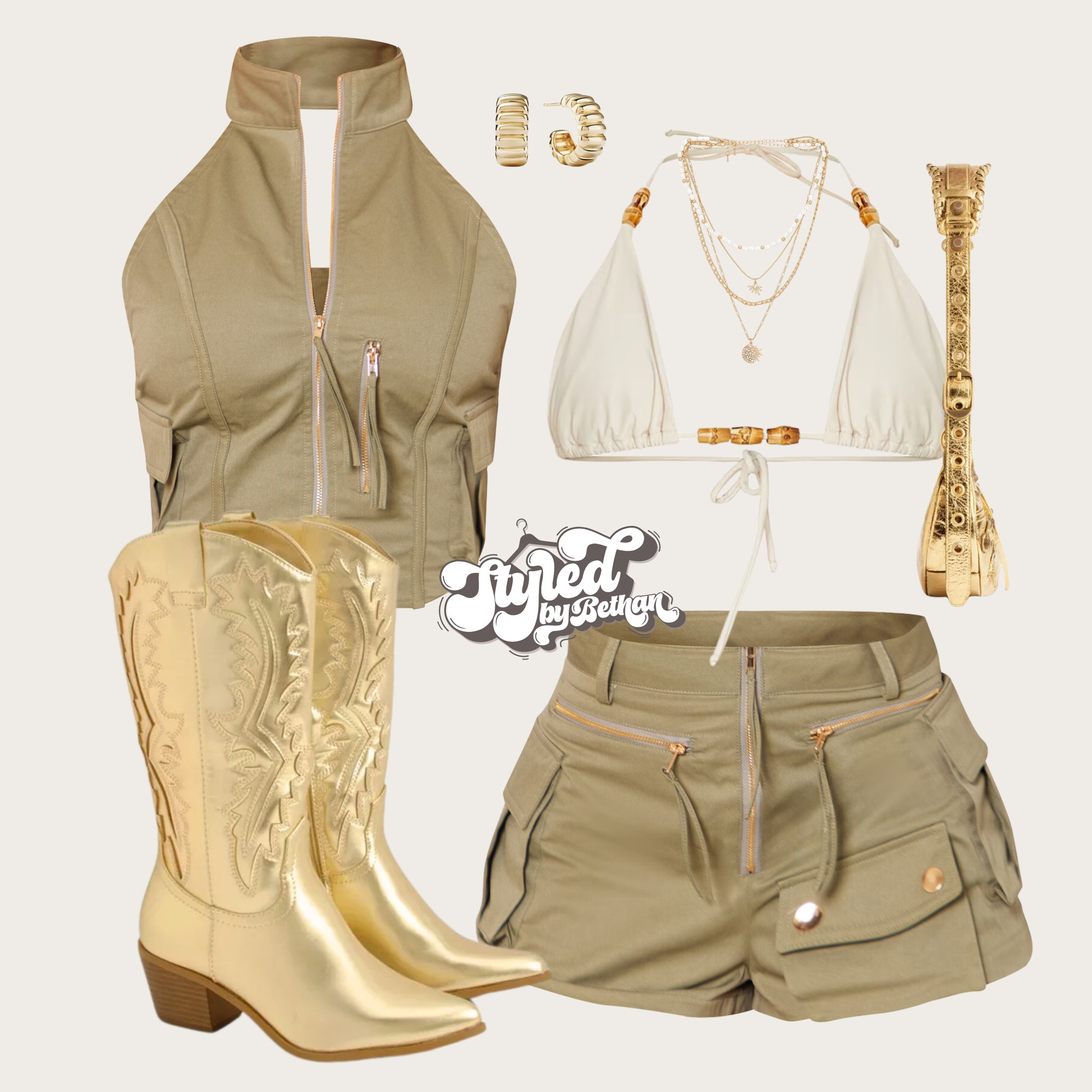 Destino inspo 🕺 tags: pretty little thing khaki vest and matching mini shorts, pretty little thing creak bikini top, boohoo gold cowboy boots, public desire gold shoulder bag, mejuri gold earrings, revolve gold layered necklace. Festival rave Ibiza outfit inspiration inspo

#LTKsummer #LTKeurope #LTKstyletip