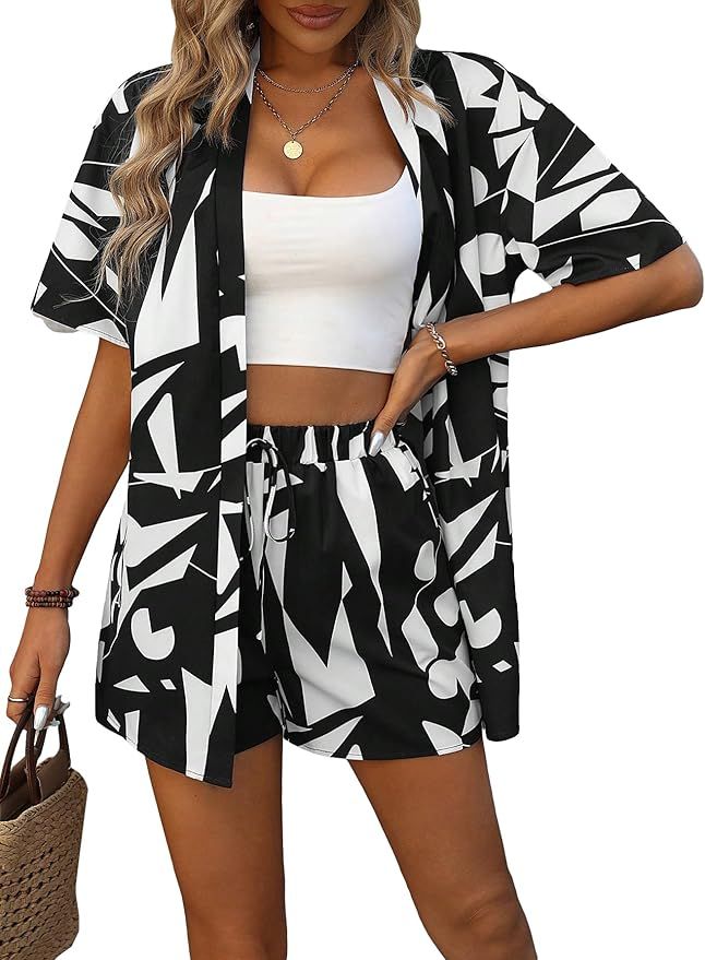MakeMeChic Women's Casual 2 Piece Outfits Short Sleeve Button Down Shirt and Shorts Set | Amazon (US)