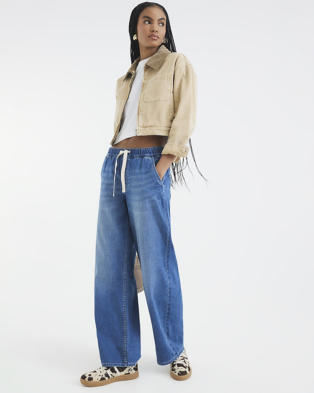 Blue Wide Leg Drawstring Jeans | River Island UK & IE