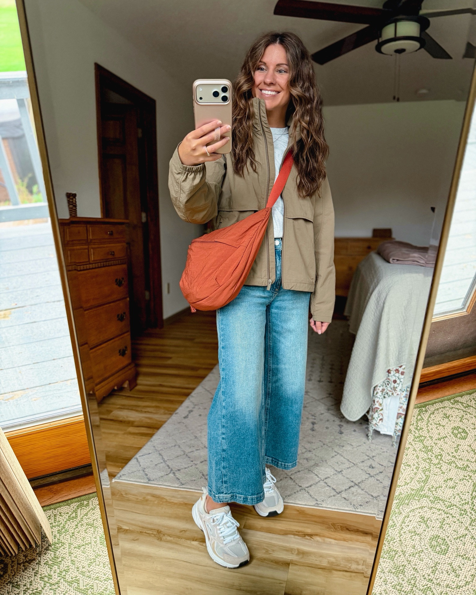 Rainy day outfit!🧡

small in my long sleeve (100% cotton), small in my jacket (praline color—looks green or tan depending on lighting), 24 short in my jeans, 6.5 in my sneakers