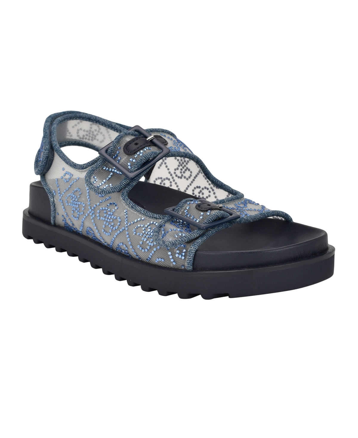 Guess Women's Frella Two Band Embellished Footbed Sandals - Medium Blue Denim Rhinestone Logo Mesh | Macy's