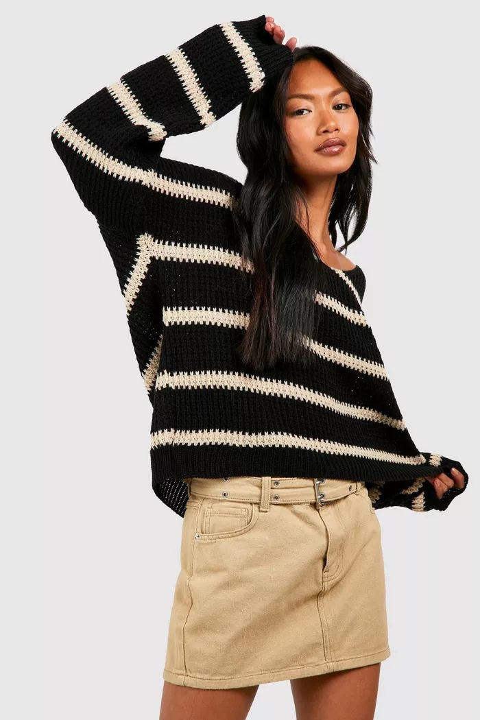 Chunky Oversized Stripe V Neck Sweater | boohoo (US & Canada)