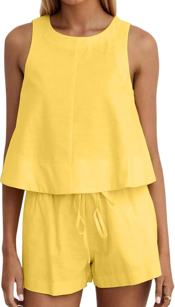 Ythomm Womens Two Piece Lounge Sets Round Neck Peplum Tops High Waist Linen Shorts Summer Matchin... | Amazon (US)