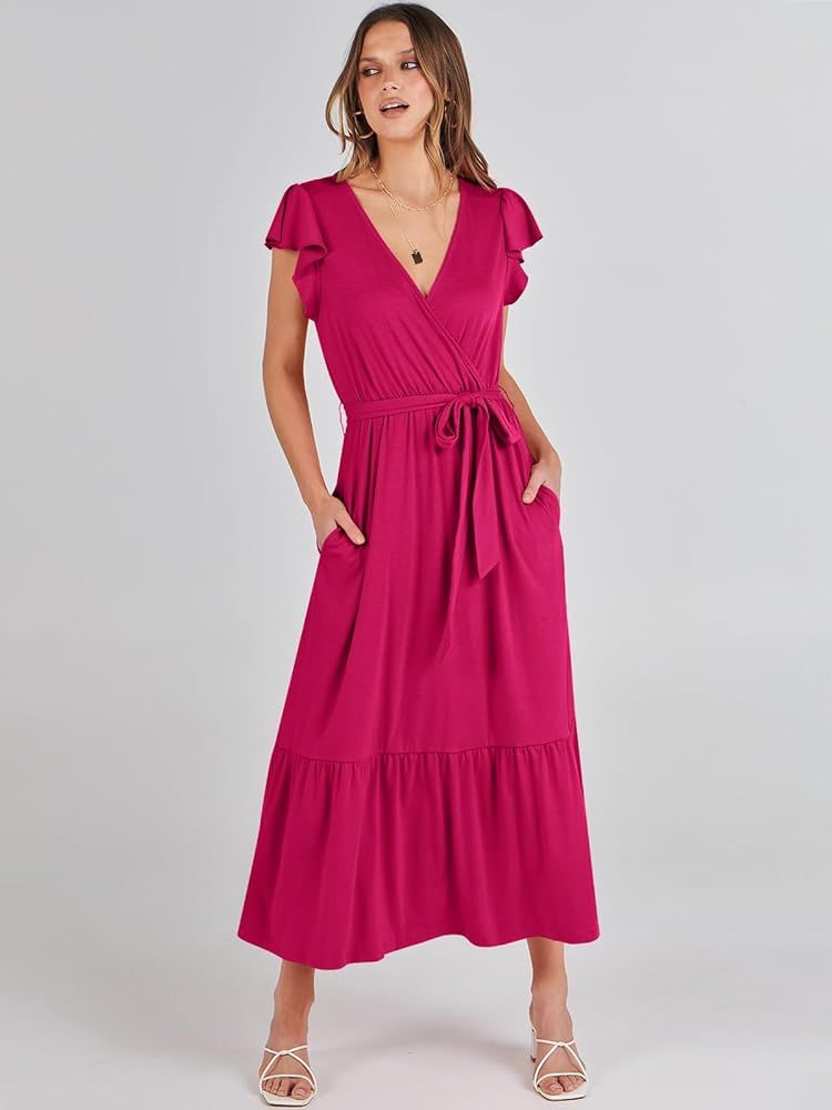 ANRABESS Women Summer Maxi Dress Casual Wrap V Neck Flutter Short Sleeve Belt A-Line Tiered Flowy... | Amazon (US)