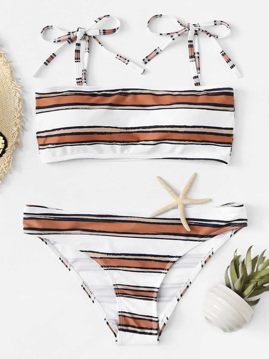 Striped Self Tie Top With Seam Trim Bikini Set | SHEIN