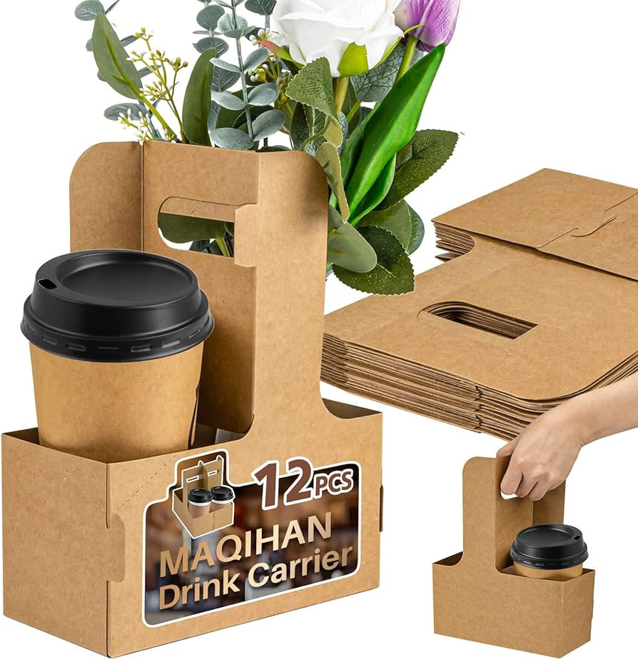 2 Cup Drink Carrier with Handle - 12Pcs Disposable Paper Cardboard Coffee Cup Holder Portable Dri... | Amazon (US)