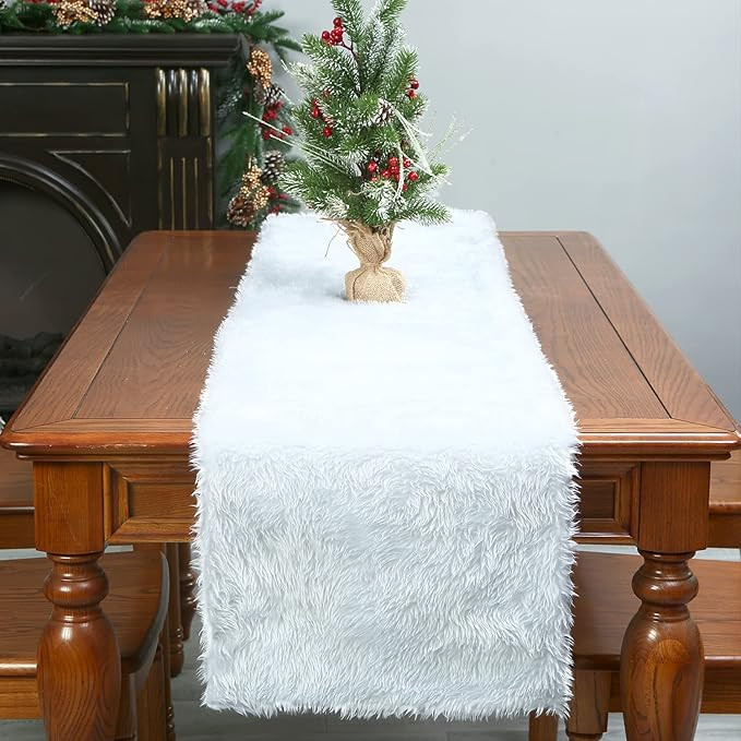 Sattiyrch Faux Fur Table Runner 15x70 Inch,White Table Decoration for Xmas | Amazon (US)