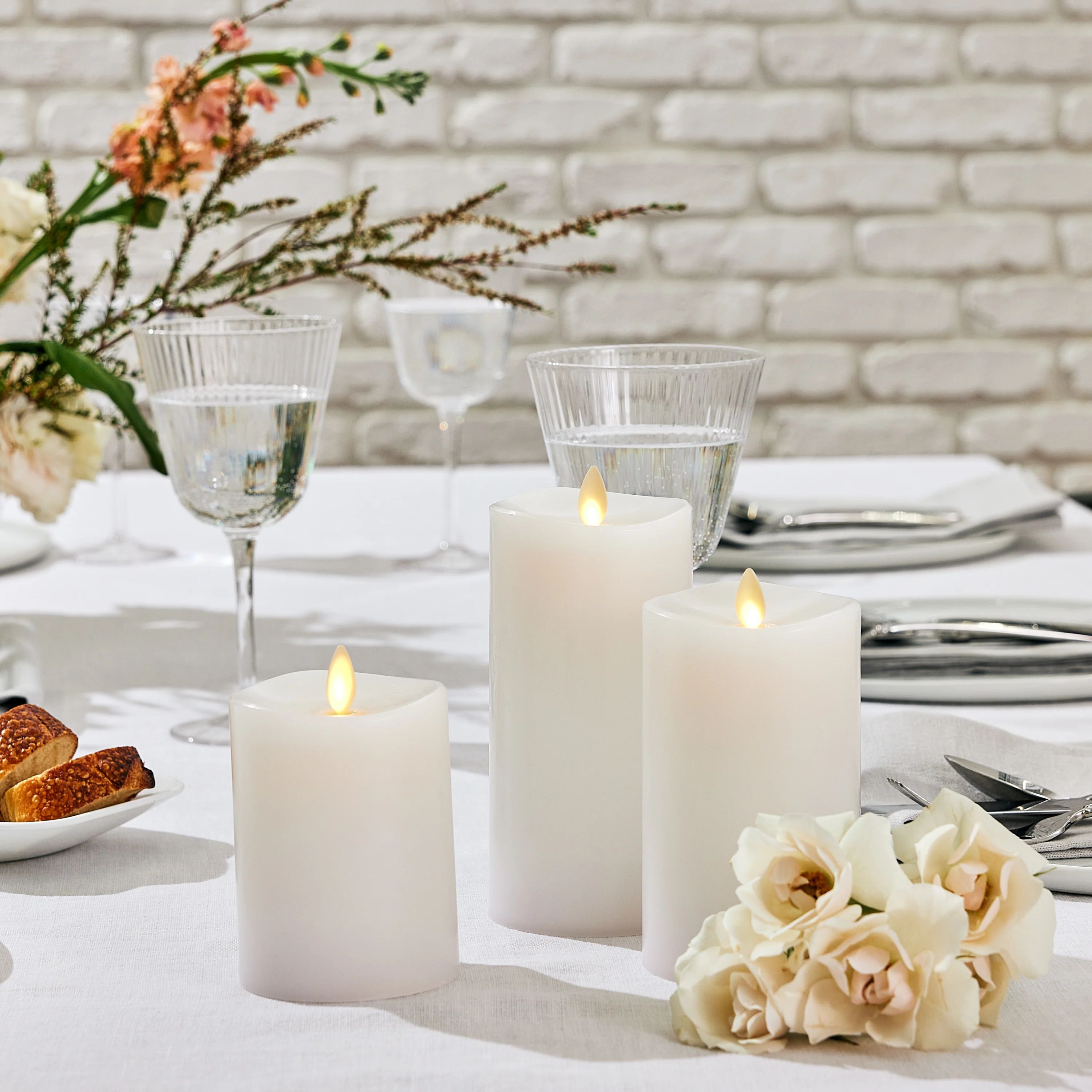 White Flameless Candle Pillars with Remote - Melted Top - Set of 3 | Luminara