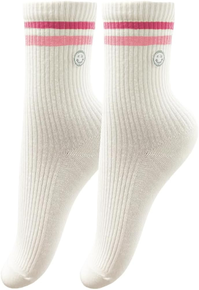 Womens Solid Color Two Stripe Crew Socks Casual Athletic Smiling Face Ankle Socks for women Girls | Amazon (US)