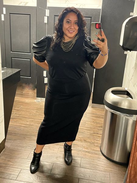 This standout top is all about the sleeves. DKNY takes a simple slim-fit tee and modernizes it with big puffed sleeves in faux leather. 

Skirt is Nordstrom scuba material with slit - extremely comfortable.

Pair with ankle boots.
Necklace is handcraft bead necklace from Otavalo, Ecuador 

#LTKmidsize #LTKfindsunder100 #LTKover40