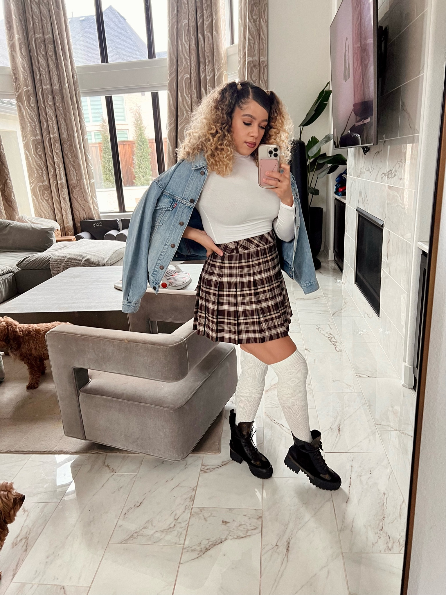 Spring fashion looks plaid trendy skirt . Combat boots, luxury boots , Jean jacket , midsize fashion , knee high socks 

#LTKstyletip #LTKmidsize #LTKMostLoved