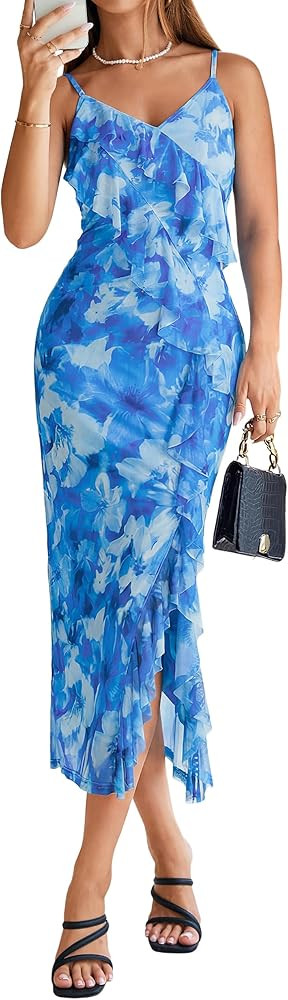 Simplee Women Floral Ruffle Bodycon Maxi Dress 2026 Summer Spaghetti Strap V Neck Mesh Slit Weddi... | Amazon (US)