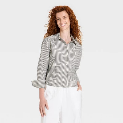 Women's Collared Button-Up Top - A New Day™ Brown Striped L | Target