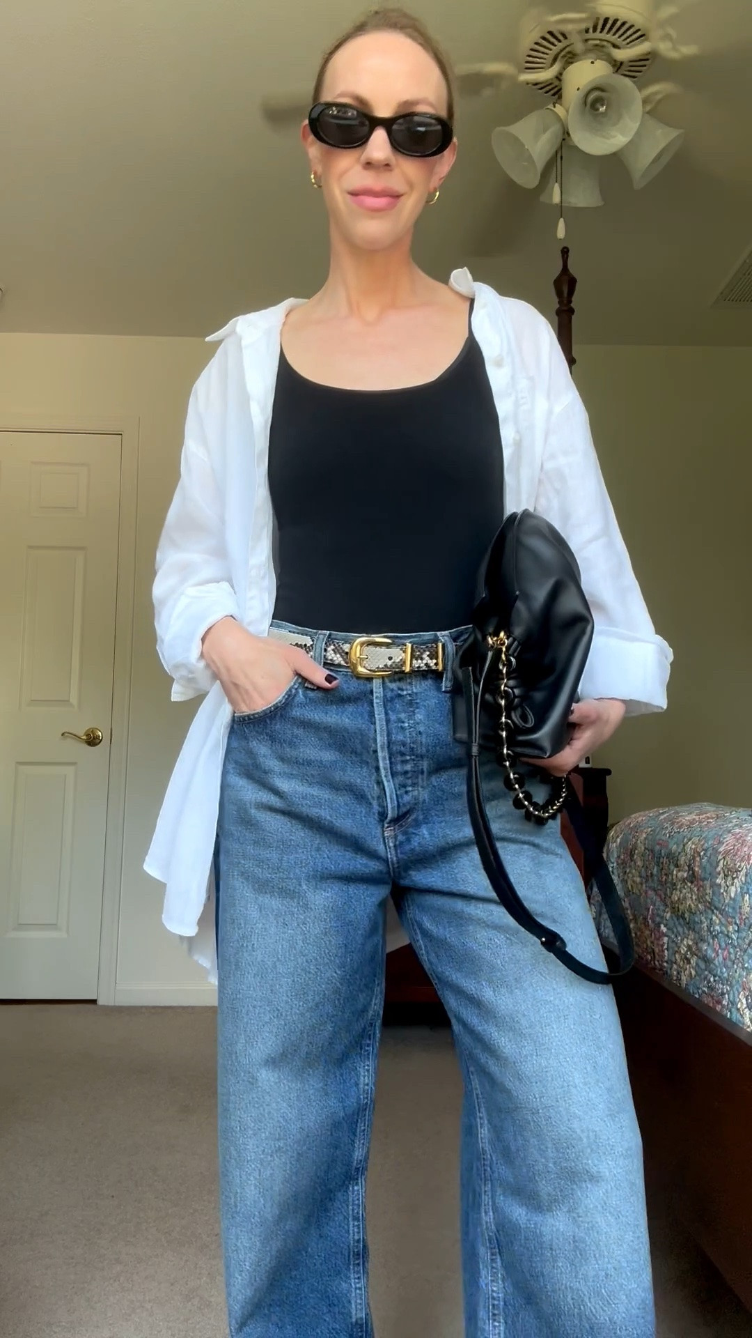Summer to fall transitional outfit, low rise baggy jeans, snakeskin belt, early fall outfit ideas over 40

#LTKSeasonal #LTKOver40 #LTKgrwm