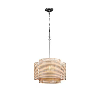 allen + roth Aubrey Raw Iron Canopy with Light Natural Rattan Shade Traditional Tiered Pendant Li... | Lowe's