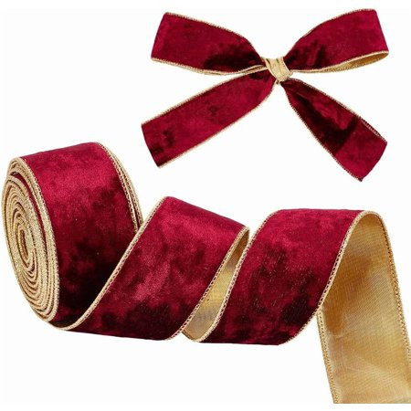 9.8 Yards Dark Red Velvet Wired Ribbon 2 inch Wide Velvet Ribbon Single Sided Velvet Fabric Ribbon Trim Gold Edged Velvet Ribbon with Gold Back for Gift Wrapping Bow Making Christmas Decor | Walmart (US)