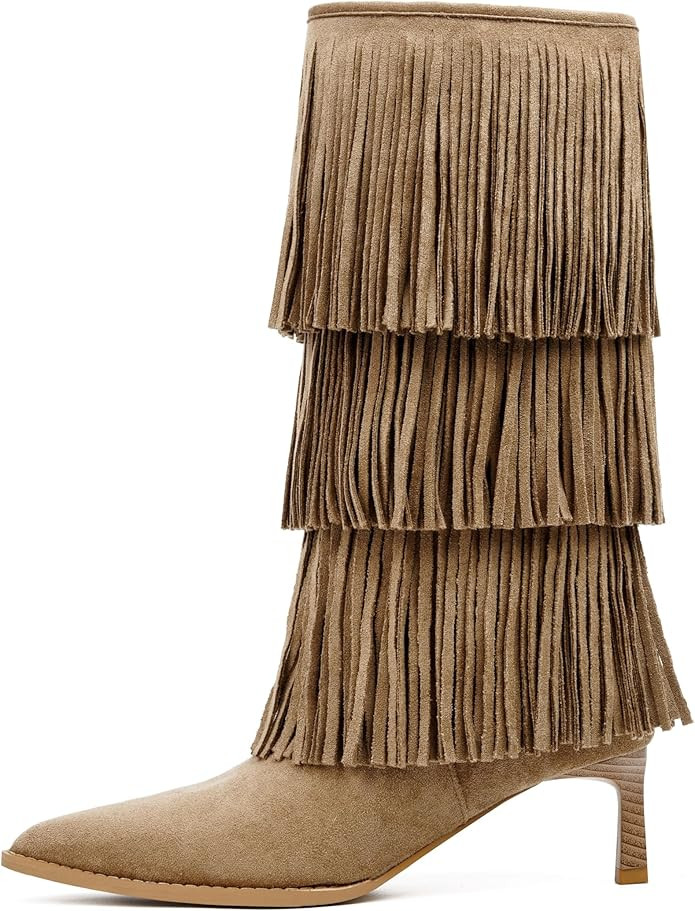 Vertundy Women's Fringe Boots Kitten Heel Pointed Toe Mid Calf Boots Tassels Design Fashion Suede... | Amazon (US)
