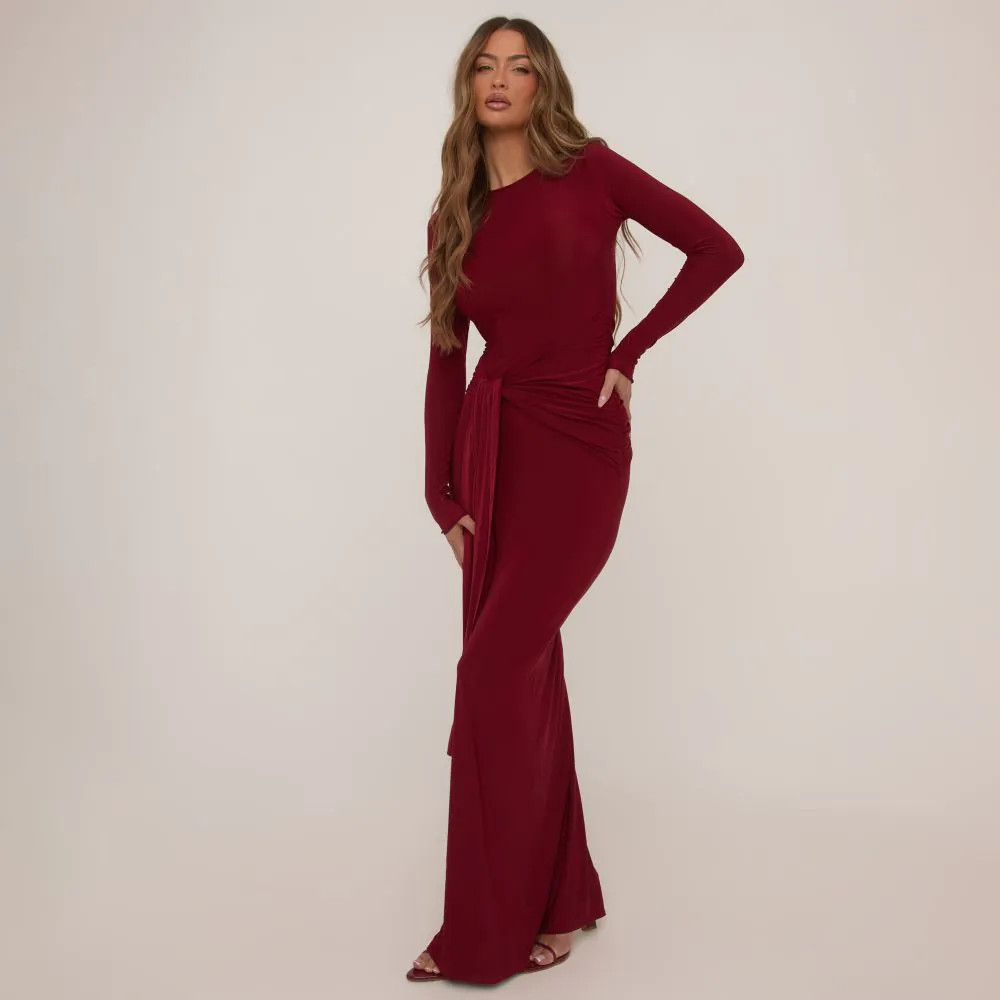 Long Sleeve Drape Waist Detail Maxi Dress In Burgundy Slinky | EGO (UK)