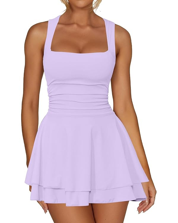 Kaximil Women's Square Neck Ruffle Hem Mini Dress Ruched Waist Short Party Dresses | Amazon (US)