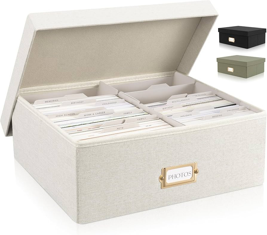 ZICOTO Decorative Photo Storage Box - Sturdy Linen Photo Organizer with Dividers is Perfect to St... | Amazon (US)