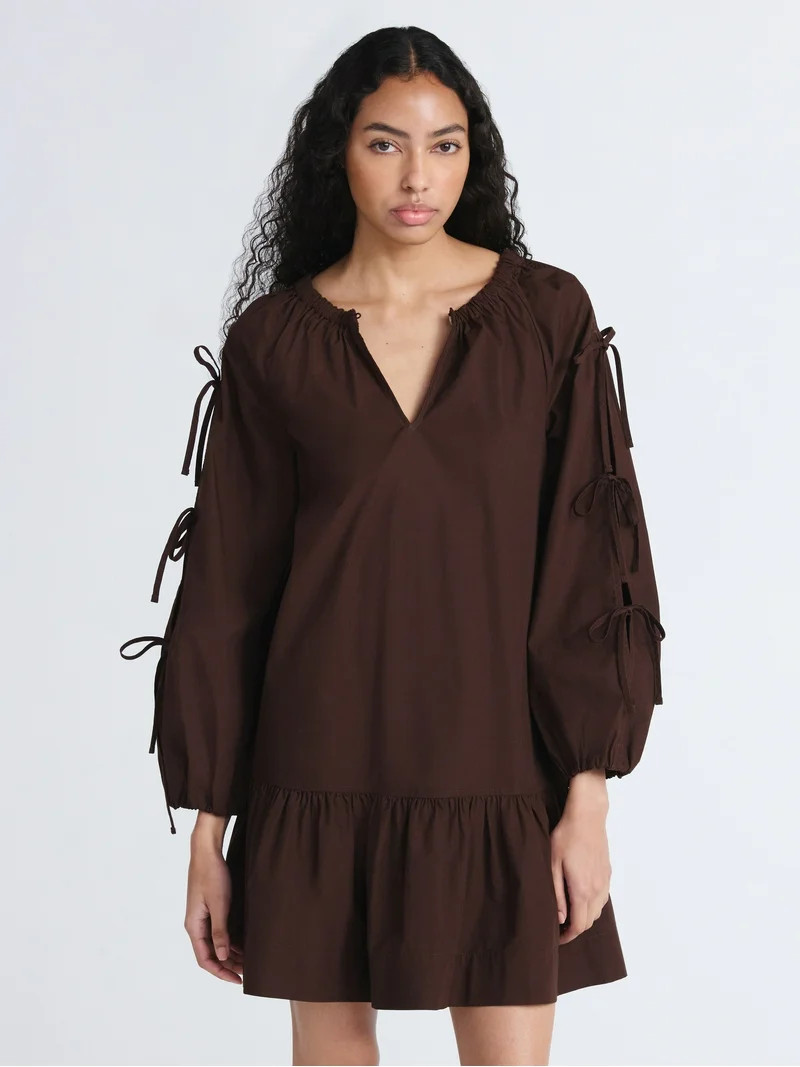 Free Assembly Women's Ruffle Hem Cotton Mini Dress with Long Tie Sleeves, Sizes XS-XXL - Walmart.... | Walmart (US)