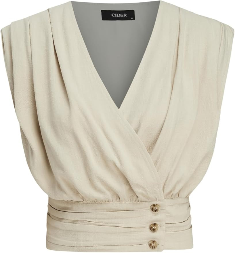 CIDER French Riviera Vacation V-Neck Ruched Button Corset Solid Tank Top | Amazon (US)