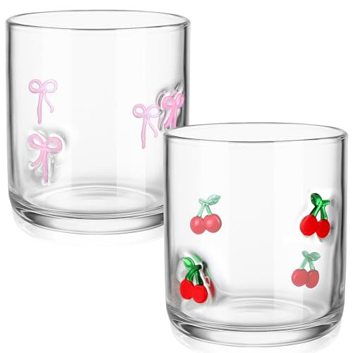 Skylety Set of 2 Pink Cherry Bow Icon Juice Glass 14oz Coquette Bow Glass Cup Pink Cherry Coffee Mug Gifts for Women Girls Mothers Day Birthday Bridal Shower Gifts | Amazon (US)