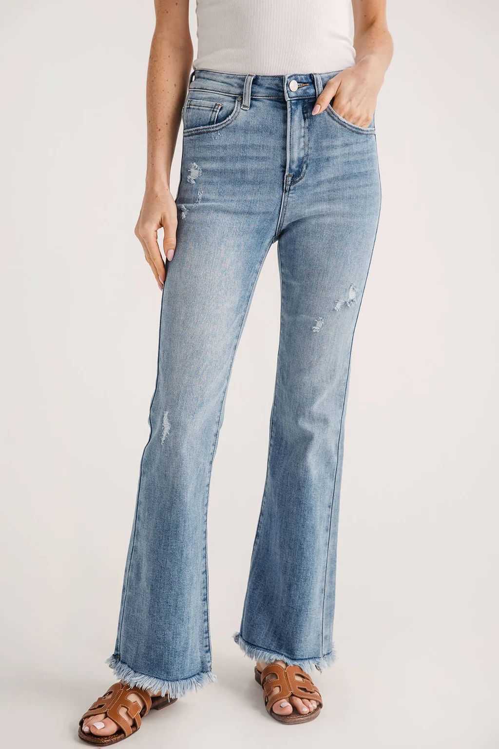 Risen Laine High Rise Ankle Kick Flare Frayed Hem Jeans | Social Threads