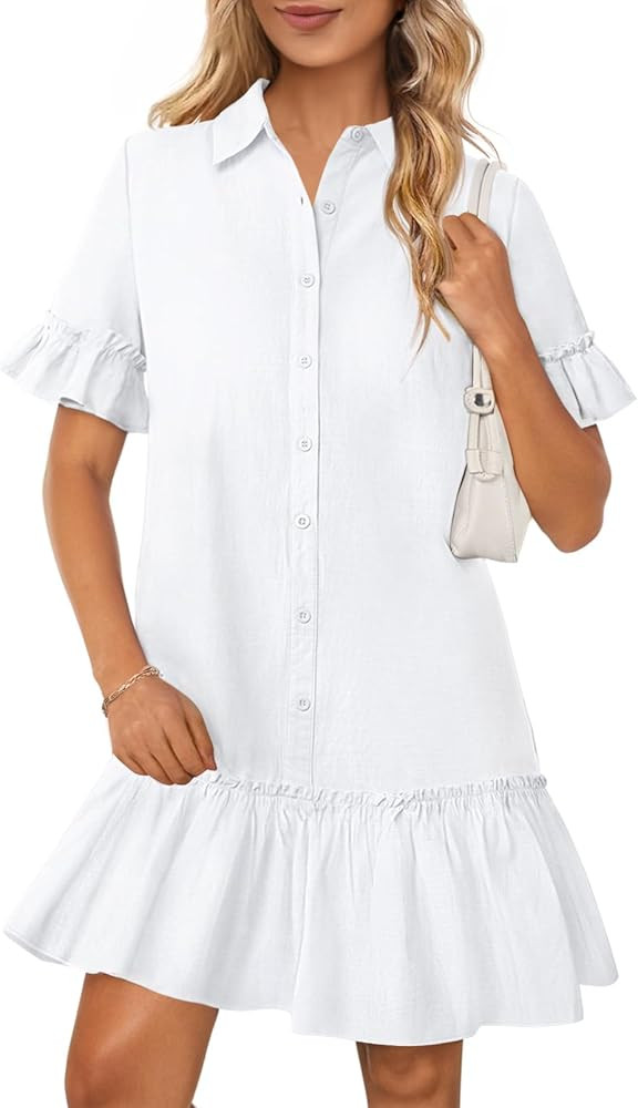MEROKEETY Women's Summer Button Down Shirt Dress Casual Ruffle Sleeve Shift Mini Dresses with Poc... | Amazon (US)