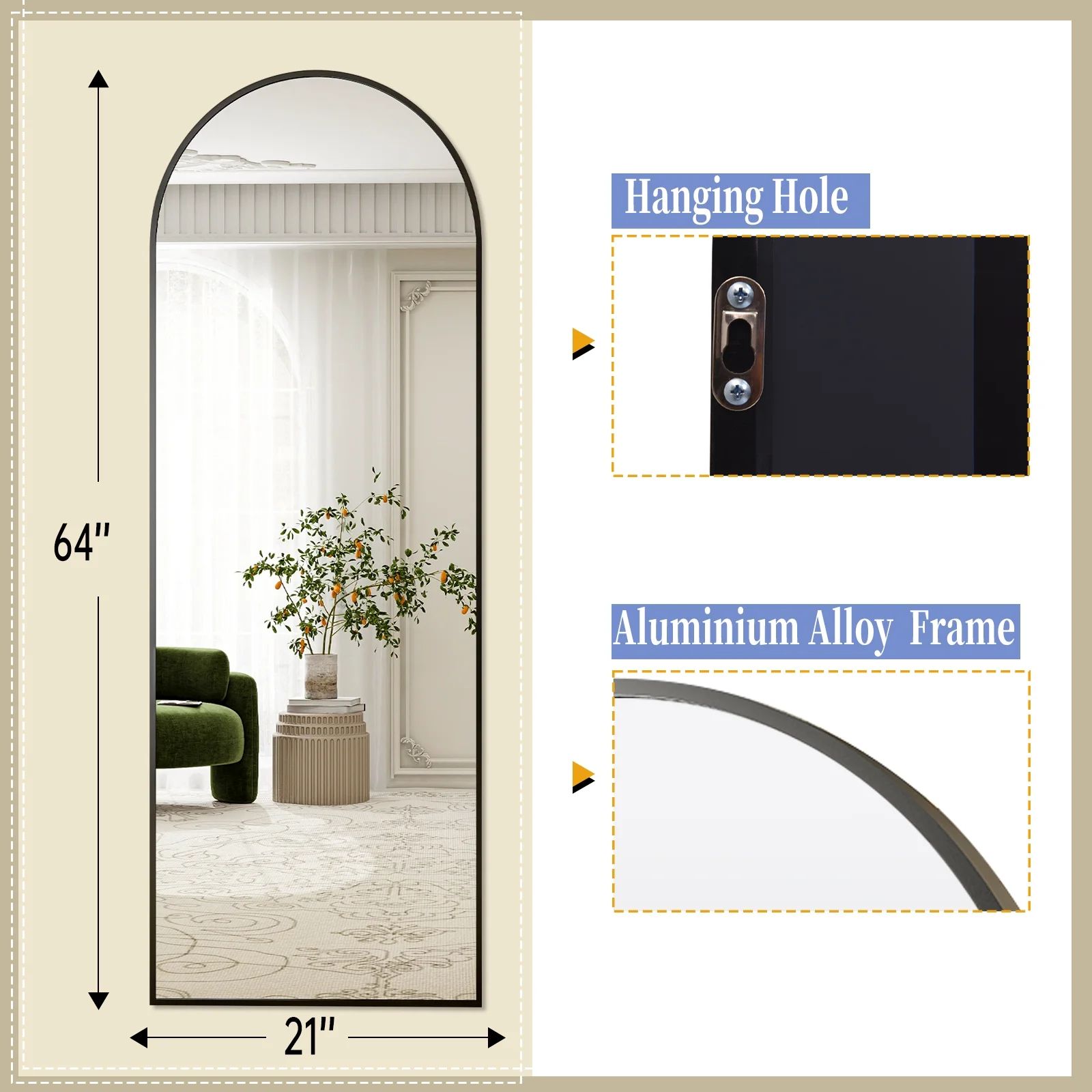 BEAUTYPEAK 64"x21" Full Length Mirror Arched Standing Floor Mirror Full Body Mirror, Black | Walmart (US)