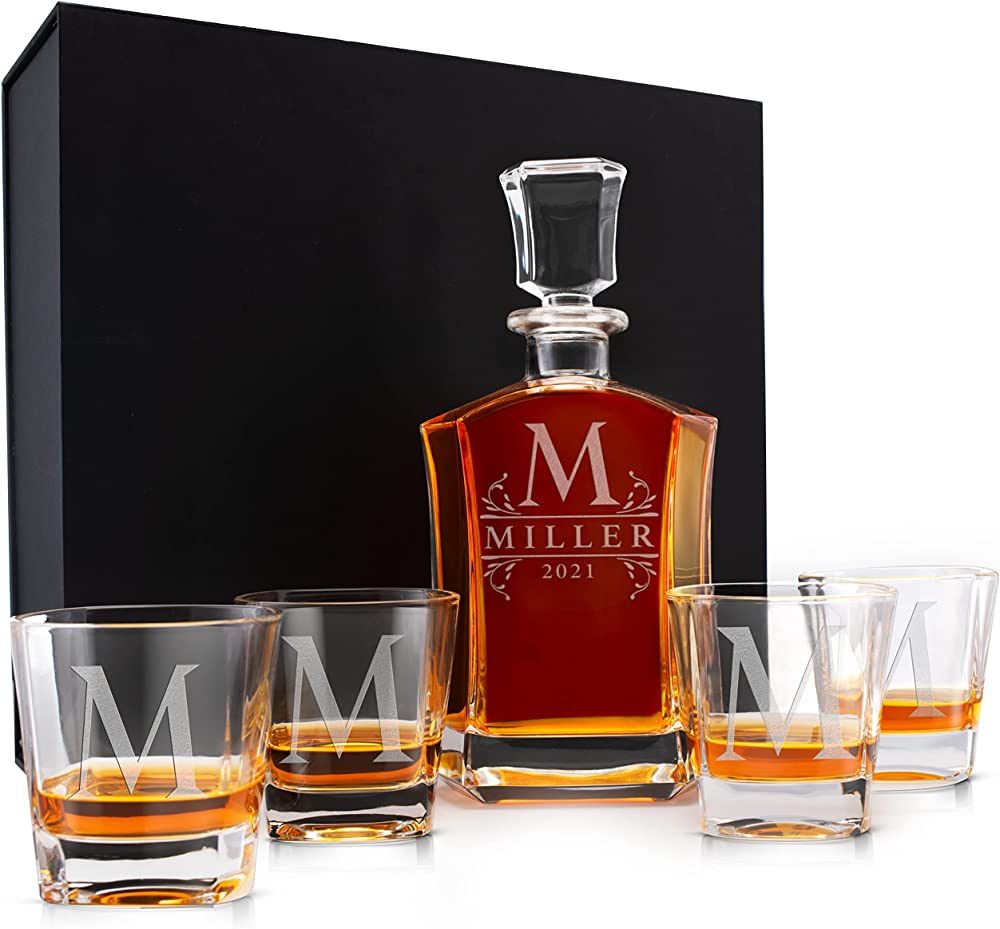 Personalized Whiskey Decanter Set - 9 Design Options - 5 Pc Customizable Crystal Liquor Decanter ... | Amazon (US)
