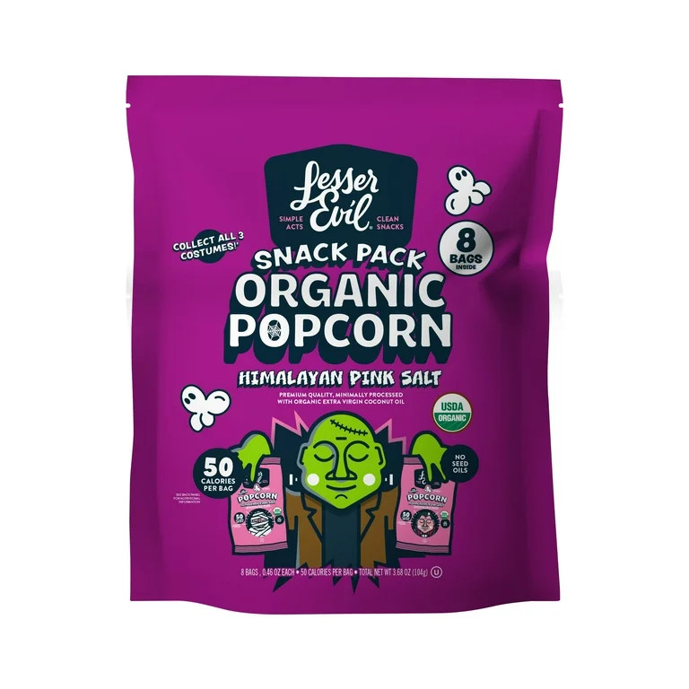 LesserEvil Organic Popcorn, Himalayan Pink Salt Halloween Snack Pack, 0.46 oz, 8 Ct | Walmart (US)