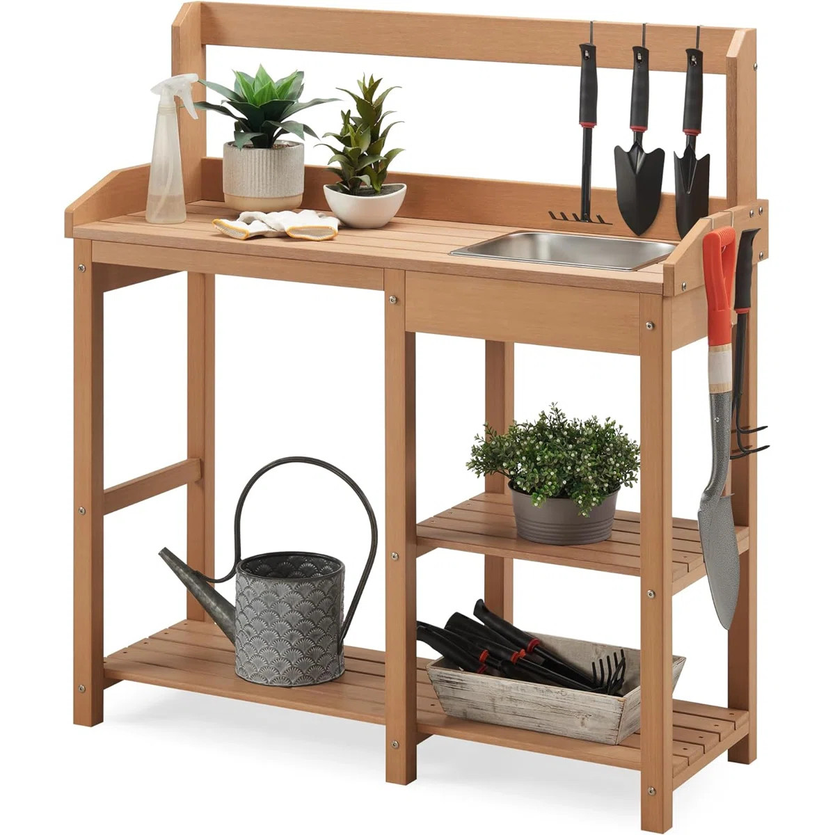 Outdoor Potting Bench with Stainless Steel Sink and Storage Shelves,Garden and Porch Weather-resistant, Moisture-proof and Sun-proof,Teak | Wayfair North America