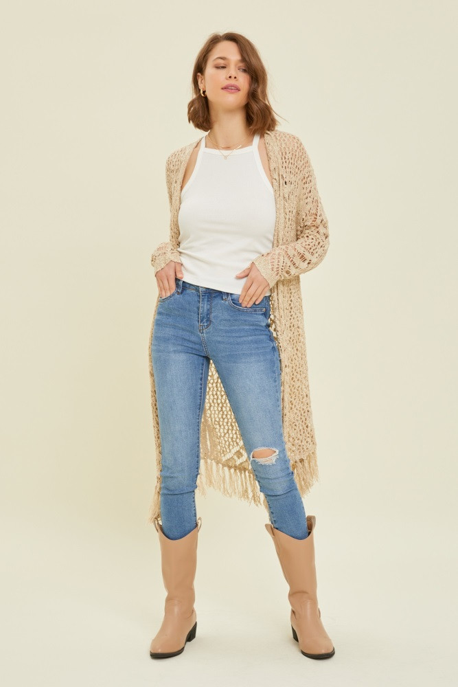 Beige Crochet Fringe Hem Cardigan | PinkBlush Maternity