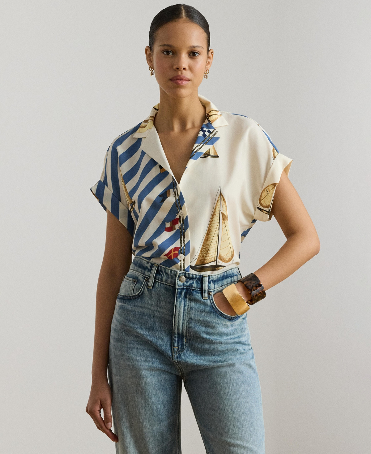 Lauren Ralph Lauren Women's Striped Sailboat-Print Collared Camp Shirt - Cream Multi | Macy's