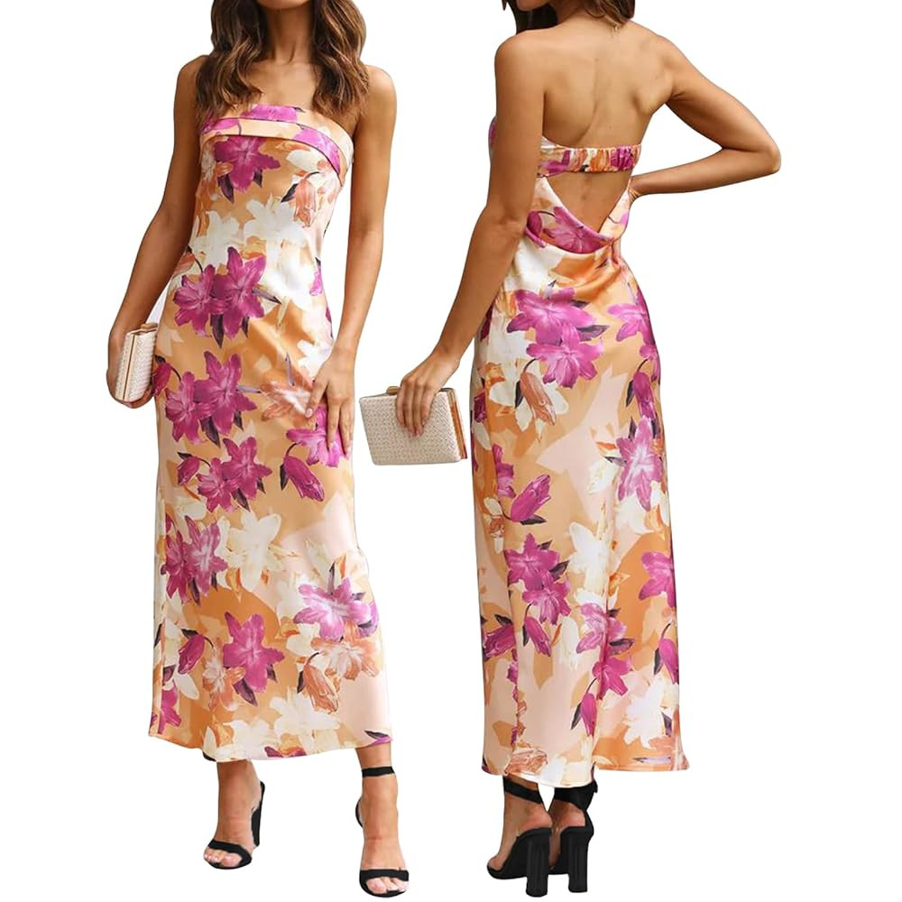 Women's Sexy Satin Tube Maxi Dress Elegant Silk Strapless Open Back Party Cocktail Wedding Guest ... | Amazon (US)