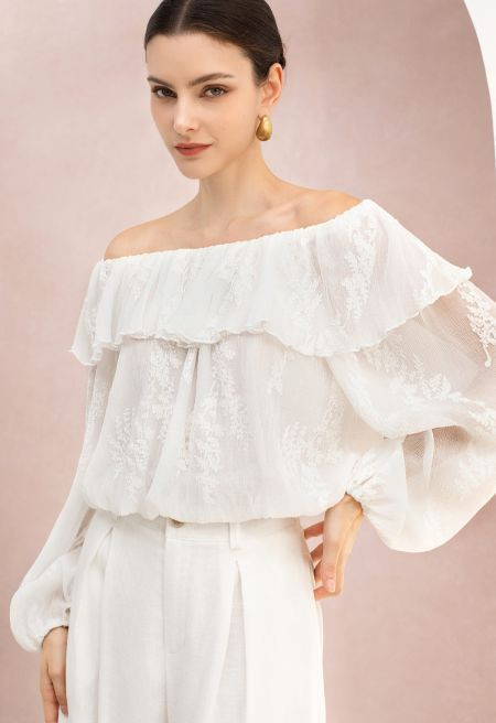 Embroidered Vine Off-Shoulder Puff Sleeve Crop Top in White for Romantic Getaways & Vacation | Chicwish