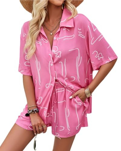 Pink Two Piece Outfits for Women Short Sleeve Button Down Lounge Set Summer Outfit for Women Vacation Pink XL | Amazon (US)