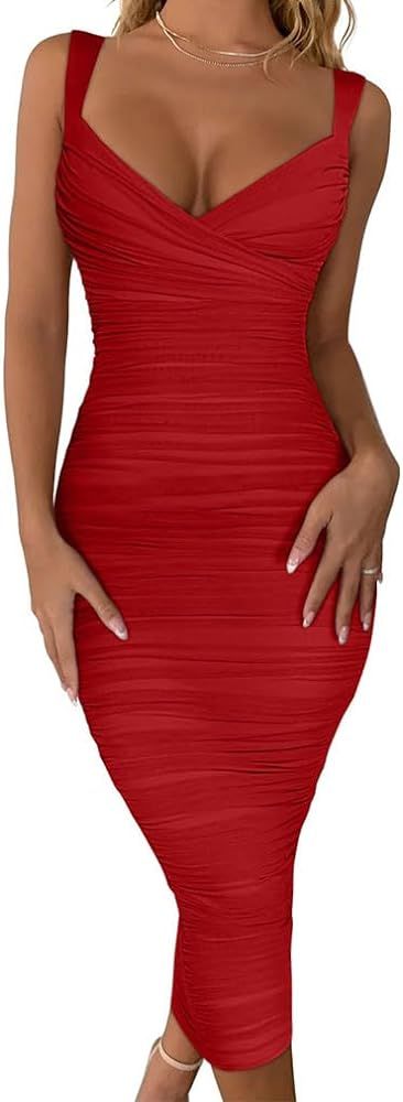 BEAGIMEG Women's Sexy Bodycon Sleeveless Ruched Mesh Club Party Midi Dress | Amazon (US)
