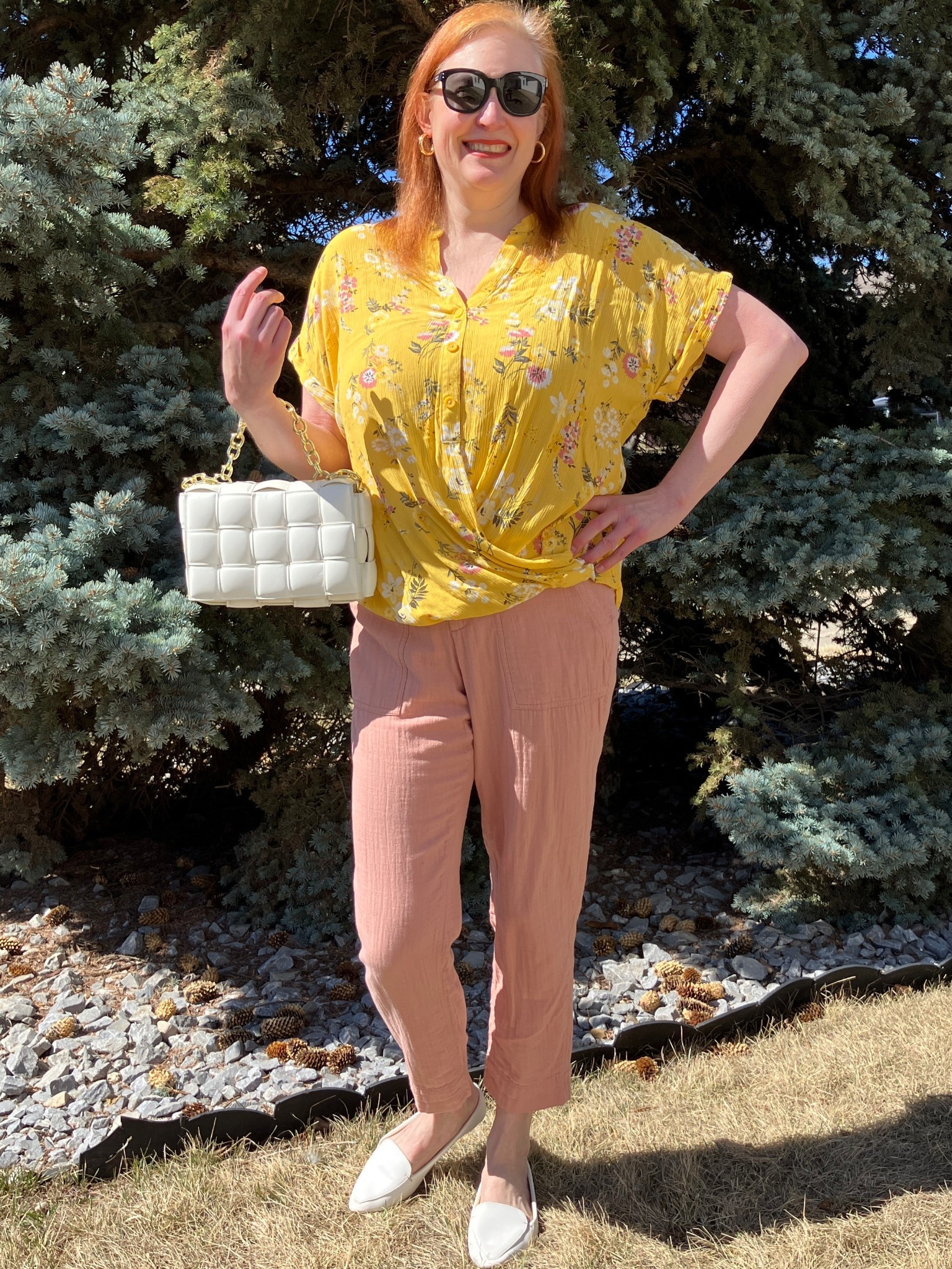 I cherish this outfit because once again I find myself in yellow! But instead of pairing it with my olive joggers, I decided to go for pink pants to pick up the colour of the flowers in the top instead. To keep the look springy, I added a white bag and shoes. As I type this it is windy and snowing here and I hope it does not stay! 😫 Canadians click on the first links to shop, and Americans click on the second links to shop. If there’s only one link then you can shop it in your own country. And remember, trendy doesn’t have to be expensive! Bye!

#LTKMothersDay #LTKootd #LTKOver40