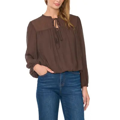Vince Camuto Tie Neck Bubble Hem Top in Rich Chocolate at Nordstrom, Size Medium | Nordstrom