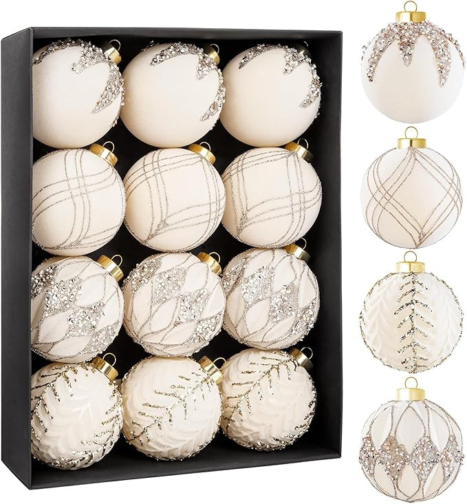 WDF 12PCS Beige Cream Christmas Balls - Velvet Ornaments - 4 Styles, 80mm White Balls for Xmas, P... | Amazon (US)