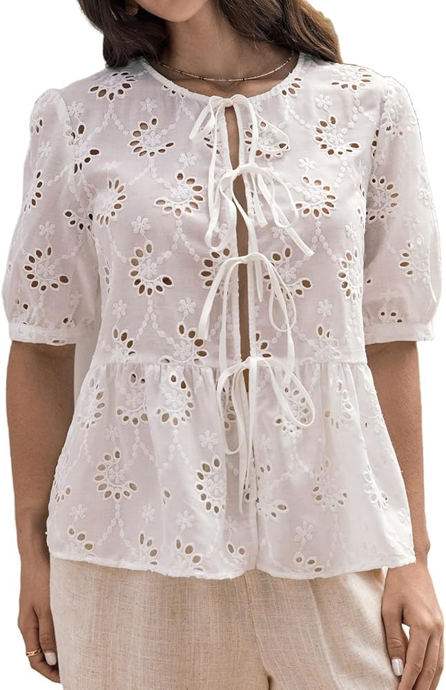 WDIRARA Women's Floral Print Bow Tie Front Blouse Puff Short Sleeve Round Neck Peplum Babydoll Sh... | Amazon (US)