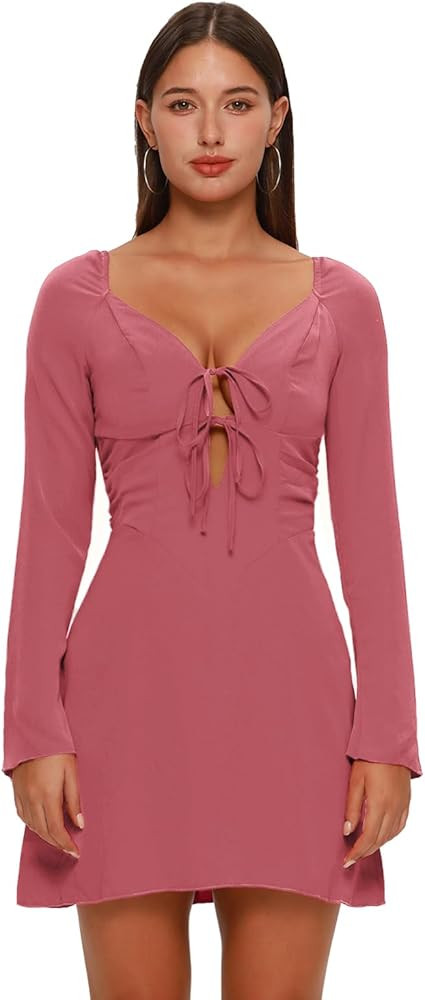 XLLAIS Deep V Neck Chest Drawstring Puff Sleeve Mini Bodycon Chiffon Dress | Amazon (US)