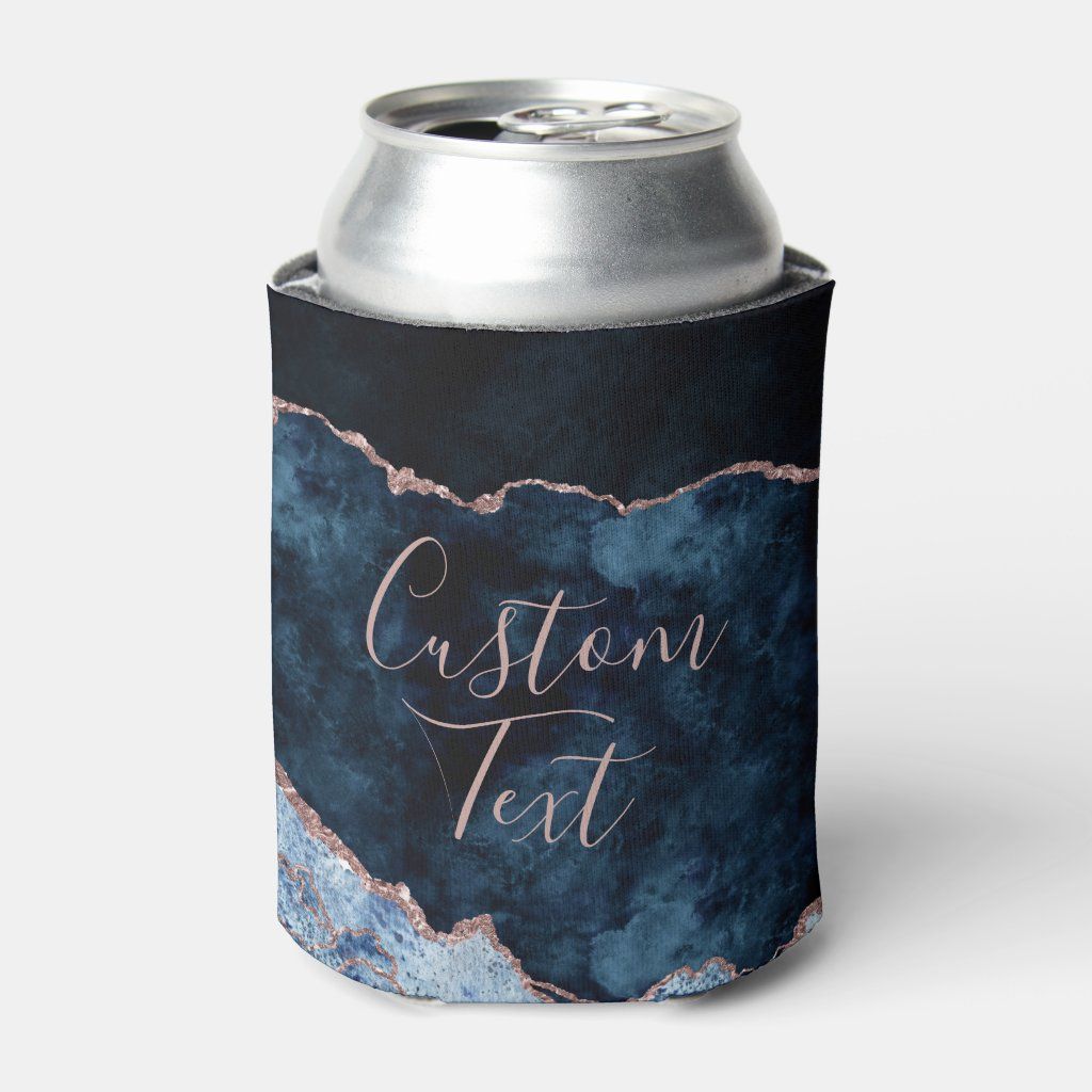 Navy Blue Rose Gold Foil Agate Marble Custom Text Can Cooler | Zazzle