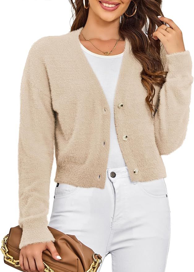 Womens Sweaters Fuzzy Drop Shoulder Buttons Cropped Cardigan for Women | Amazon (US)