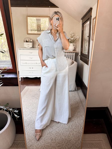 Striped blouse, wide leg white gauze pants 
Beach outfit
Nude flats 
Summer outfit 


#LTKStyleTip