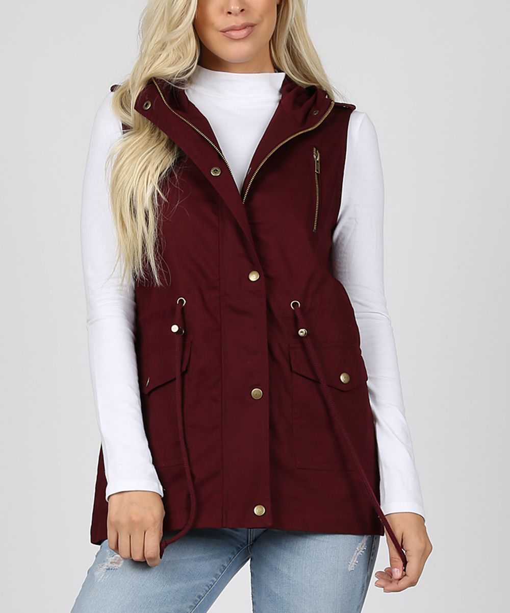 Dark Burgundy Hooded Cargo Vest - Women | Zulily